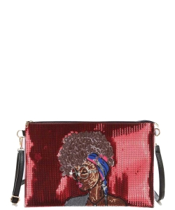 Girl In Glasses Sequin Convertible Crossbody Swing Clutch 136-B029G RED